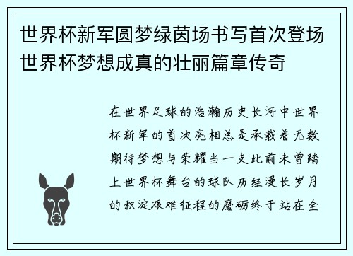 世界杯新军圆梦绿茵场书写首次登场世界杯梦想成真的壮丽篇章传奇